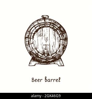 Beer barrel front view with tap. Ink black and white doodle drawing in woodcut style. Stock Photo