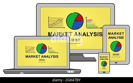Market analysis concept shown on different information technology devices Stock Photo