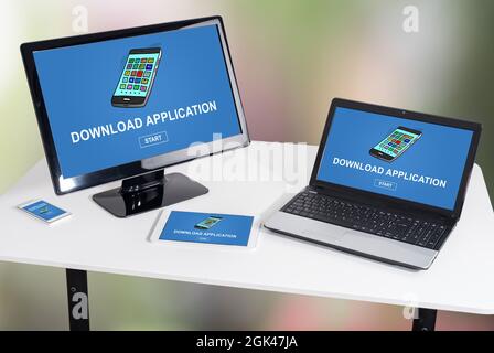 Download application concept shown on different information technology devices Stock Photo