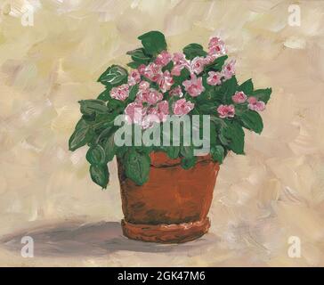 Gouache paint of a trailing African violet plant in a terracotta pot. Stock Photo