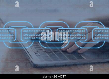 Cropped young female works on laptop keyboard, protects digital data, double exposure with abstract binary code Stock Photo