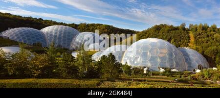 A panoramic view of the stunning and iconic biomes at the Eden Project in Cornwall.