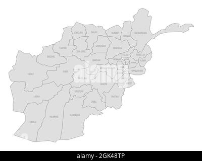 Solid grey political map of Afghanistan. Administrative divisions - provinces. Simple flat vector map with labels. Stock Vector