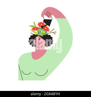 Smart woman watering self-improvement flowers on her head. Personality growth, personal development, education, figure out, learning and business conc Stock Vector