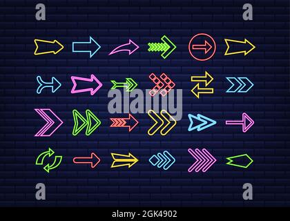 3d blue neon arrow set on dark backdrop. Vector white light. Graphic color background. Vector illustration. Stock Vector