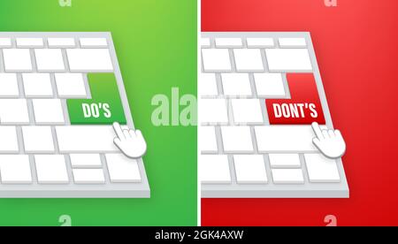 Do s and Don ts button on keaboard. Flat simple thumb up symbol minimal round logotype element set. Vector illustration. Stock Vector