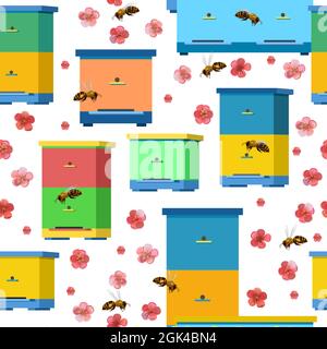 Apiary with bees and hives. Surrounded by pink flowers of fruit trees. Seamless pattern. Isolated on white background. Vector. Stock Vector
