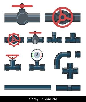 Set. Fittings, taps, bends and fittings. Spare parts for pipelines, sewerage, gas pipelines and any liquids. Isolated on a white background. Illustrat Stock Vector