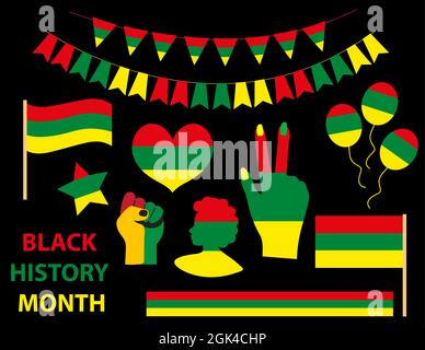 Black history month set signs, icons. Collection design elements with flags, silhouette Afro-American woman, victory sign. Vector illustration Stock Vector