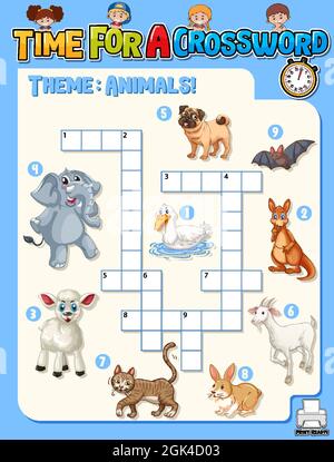 Crossword puzzle game template about animals illustration Stock Vector