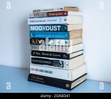 Pile of books on shelf in house. Stock Photo