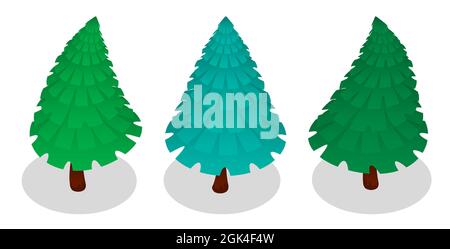 Set of green New Years Christmas trees in isometric in cartoon style. Celebrating new year and christmas. Isolated vector on white background Stock Vector