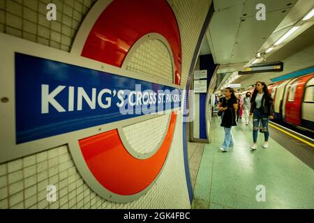 London- September 2021: Kings Cross St Pancras Underground station platform and tube train Stock Photo