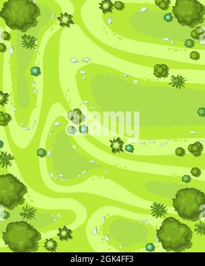 Hilly lawn in the forest. View from above. Countryside rural landscape. Green foliage of trees and shrubs. Top view. Background illustration in cartoo Stock Vector