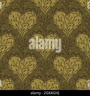 Hearts seamless vector pattern. Ornate romantic boho valentine background with leaves. Valentines day floral texture design. Stock Vector