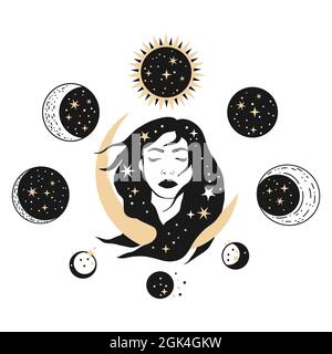 Woman doing Yoga Illustration the background of , the moon and the stars.  drawing, concept of peace of mind, relaxation, mental health, esotericism  and witchcraft. Vector boho tattoo 11743545 Vector Art at Vecteezy