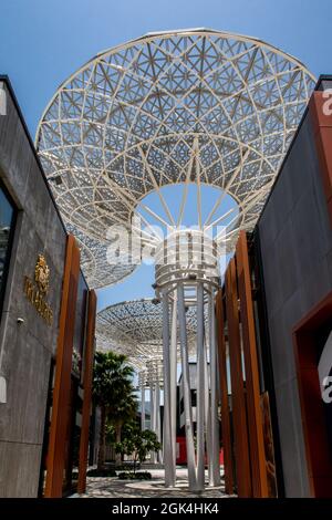 Dubai, UAE, 04/07/20. Modern artificial tree constructions and shopping street on Dubai Bluewaters Island by Meraas. Stock Photo