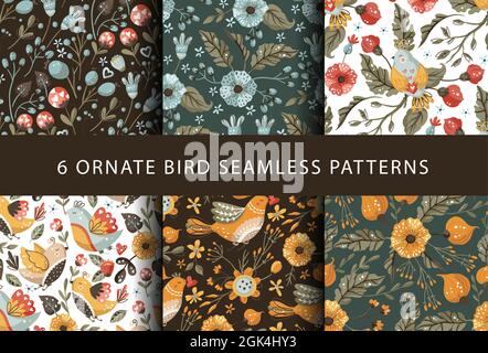 Boho bird flower seamless pattern folk art set. Bohemian floral vector ornament ornate collection. Stock Vector