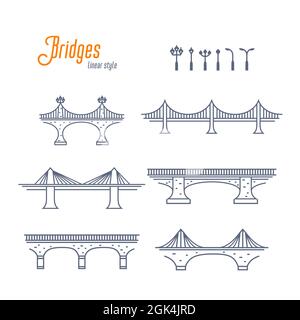 Bridges and street lamps line vector set. Various bridges and streets lights. Outline style vector illustration on white background. Stock Vector
