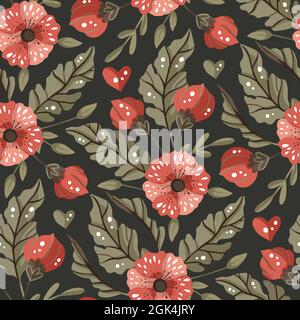 Seamless pattern with flower on black background. Vector ornate vintage illustration. Detailed floral ornament. Boho botanical background. Stock Vector