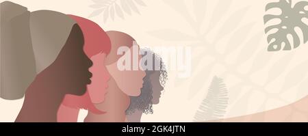 Silhouette group of diverse and multicultural women. Concept of racial equality. Communication between women. Female community or social network. Talk Stock Vector