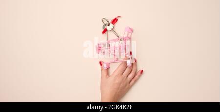 female hand holds a miniature metal shopping cart with keys on a beige background. Real estate purchase, mortgage, discount, banner Stock Photo
