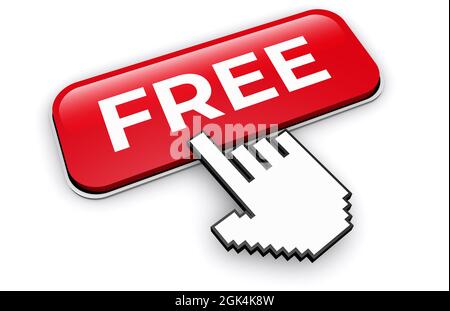 Free word and sign digital online marketing promotional content concept with hand cursor clicking on a red web button isolated on white background 3D Stock Photo