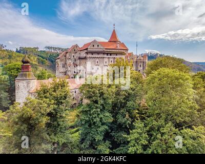beautiful scenic aerial view of historical medieval Pernstejn castle, Czech Republic Stock Photo