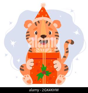 Cute tiger in Santa hat with big Christmas present and New Years mistletoe. Vector illustration. 2022 is year of the Tiger according to Eastern calend Stock Vector