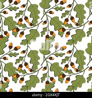 Autumn pattern of oak acorns, branch with leaves and acorn nuts, hand drawing doodling, orange and gray color, on a white background. Vector illustration Stock Vector
