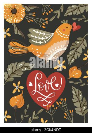 Valentines day cartoon vector card with hand drawn lettering quote flower, bird, and heart. Love greeting print poster. Ornate floral design. Stock Vector