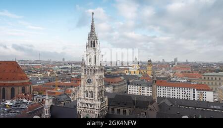 New Town Hall (Neues Rathaus) Clock Tower and aerial view of Munich - Munich, Bavaria, Germany Stock Photo