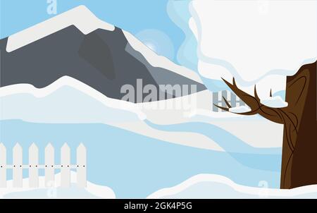 Winter landscape.Mountains in the snow.Lonely tree covered with snow Stock Vector