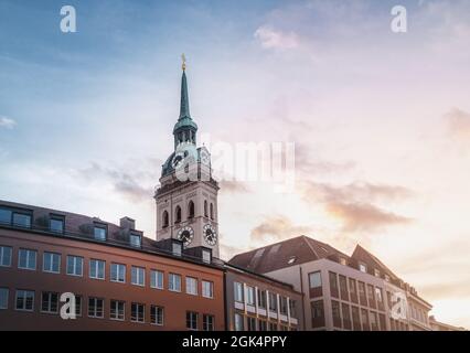 St. Peter's Church Tower at sunset - Munich, Bavaria, Germany Stock Photo