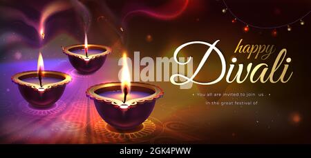 Diwali holiday poster with realistic glowing diya candles. Traditional hindu festival with floral mandala on blurred dark background. Happy indian religious celebration with oil lamps, rangoli design. Stock Vector