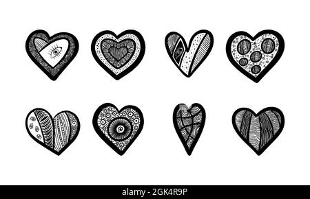 Creative hand drawn heart shape collection. Funny love symbols with patterns. Vector illustration. Stock Vector