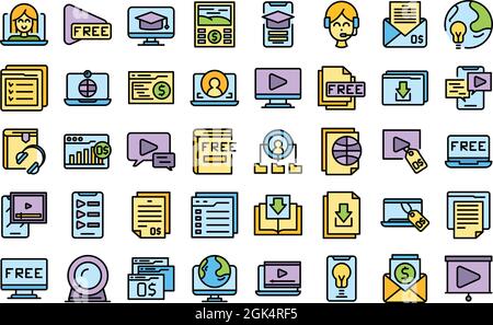 Free course icons set outline vector. Virtual computer class. Free app distance Stock Vector