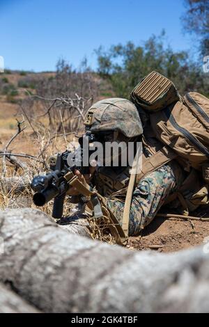 U.S. Marine Cpl. Collin Dy, team leader with 3rd Battalion, 23rd Marine Regiment, 4th Marine Division, provides security on patrol during the division rifle squad competition on Marine Corps Base Camp Pendleton, Califorina, Aug. 1, 2021. The competition was designed to test the Marines’ skills and determine the best squad within 4th MarDiv as well as raise the standard of tactical excellence throughout the division. Marine Forces Reserve units have continuously employed Reserve Marines and sailors since 2001. Stock Photo