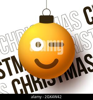 Merry christmas ball with cute smiling Winking emoji face, vector illustration. Happy new year or xmas greeting card banner Stock Vector