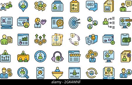 Know your client icons set outline vector. Card cms data. Customer digital business Stock Vector