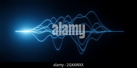 Abstract visualization of sound waves with different frequency or wavelength, bright glowing colors against black background, science research concept Stock Photo