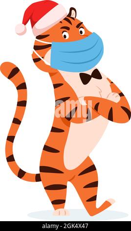 Cartoon angry tiger in Santa hat in face mask Stock Vector