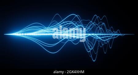 Abstract visualization of sound waves with different frequency or wavelength, bright glowing colors against black background, science research concept Stock Photo