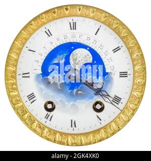 Authentic eighteenth century golden clock face with moon rotation isolated on a white background Stock Photo