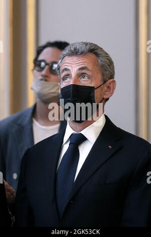 Paris, France. 13th Sep, 2021. Former French President Nicolas Sarkozy during the inauguration of the exhibition 'Pavoise : travail in situ' by artist Daniel Buren at the Elysee Palace in Paris, France on September 13, 2021. Photo by Stephane Lemouton/Pool/ABACAPRESS.COM Credit: Abaca Press/Alamy Live News Stock Photo
