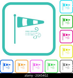 Windsock indicator with wind solid vivid colored flat icons in curved borders on white background Stock Vector
