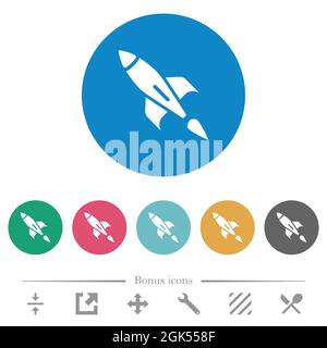 Single launched rocket flat white icons on round color backgrounds. 6 bonus icons included. Stock Vector