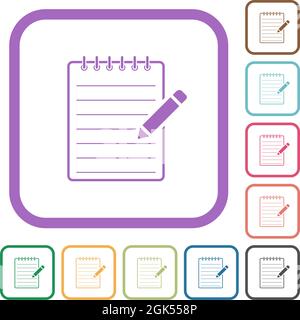 Spiral notepad with pencil simple icons in color rounded square frames on white background Stock Vector