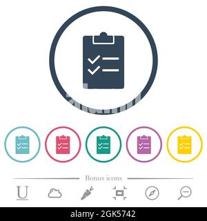 Checklist solid flat color icons in round outlines. 6 bonus icons included. Stock Vector