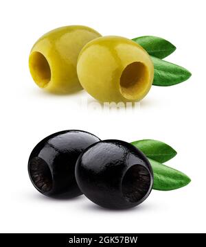 Black and green pitted olives isolated on white background Stock Photo